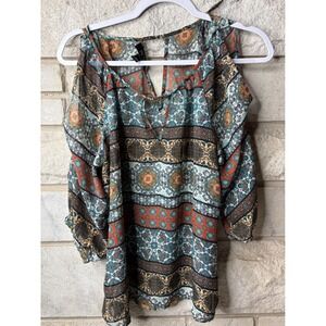 BCX‎ Womens Medium Cold Shoulder Boho Medallion Tile Print Teal Orange V-Neck